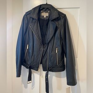 Michael Kors Belted Leather Jacket with removable faux fur lining